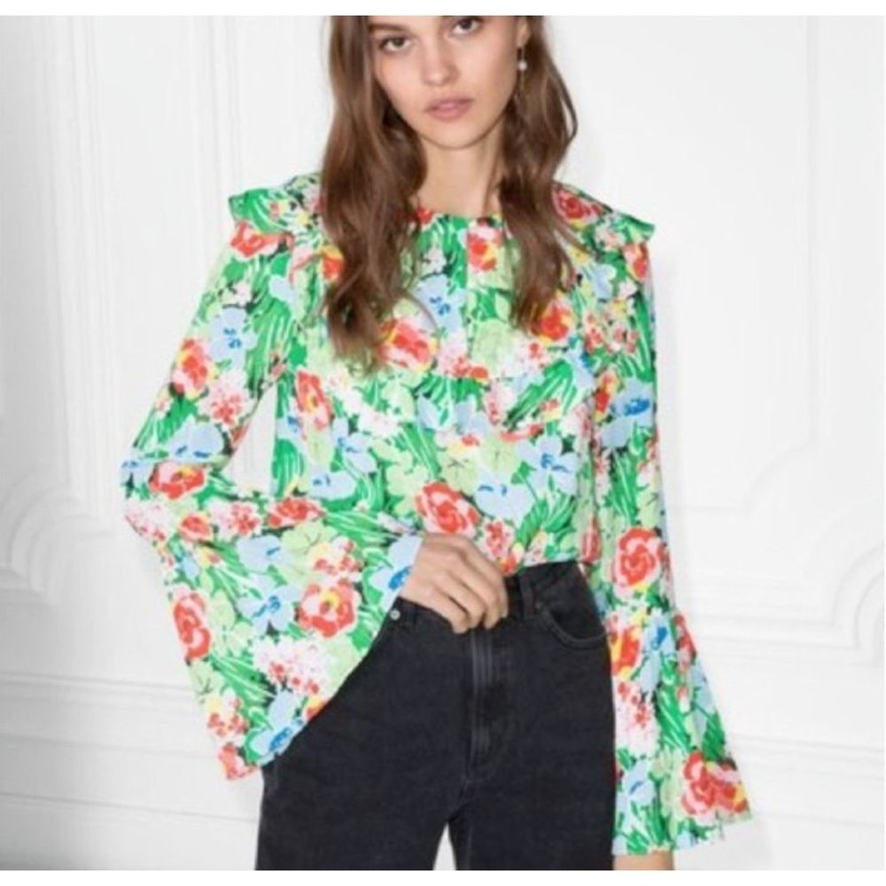 & Other Stories Blouse Paris Atelier 12 Floral Ruffle Trim Long Bell Sleeve Top